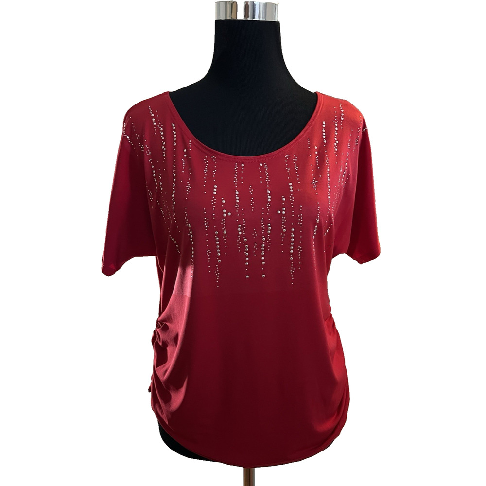 Emi & Joe Womens Red Rhinestone Embellished Short Sleeve Top M